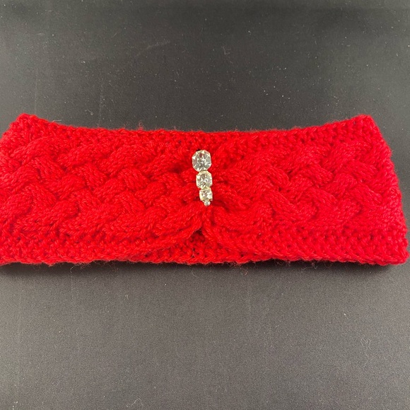 Hand knit red merino wool blend headband and pin - Picture 4 of 6